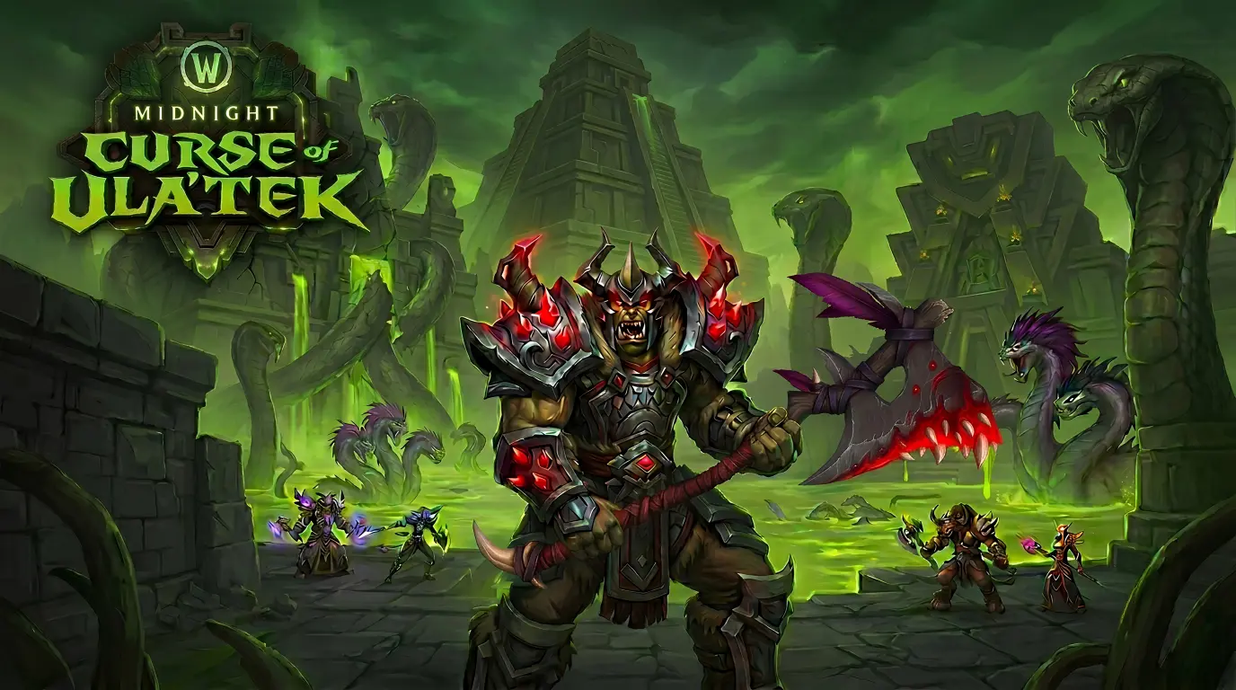 World of Warcraft Midnight Curse of Ula'tek artwork featuring an armored orc warrior surrounded by serpent statues and green ruins
