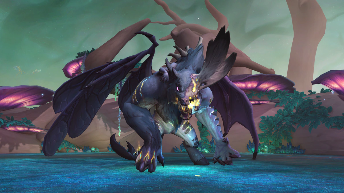 Official World of Warcraft Midnight raid creature emerging from a strange corrupted landscape