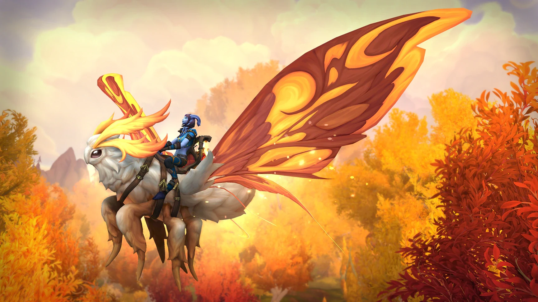 World of Warcraft Sunflare Driftmoth subscription mount flying through an autumn forest